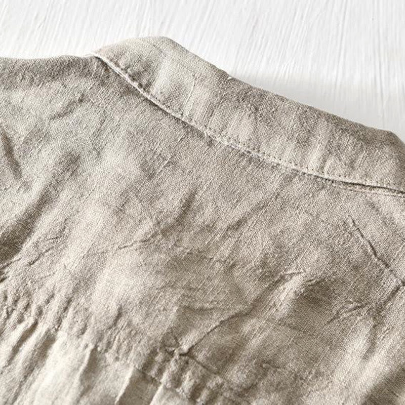 Koszula męska z krótkim rękawem i prostym wzorem „Buddha Stones” z klapami i lnianym półguzikiem - image 2