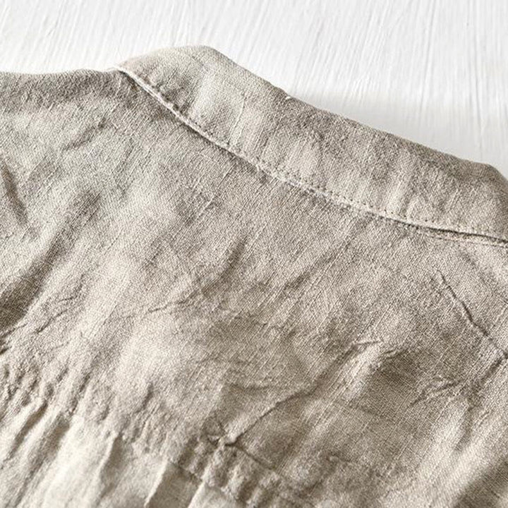 Koszula męska z krótkim rękawem i prostym wzorem „Buddha Stones” z klapami i lnianym półguzikiem - image 2