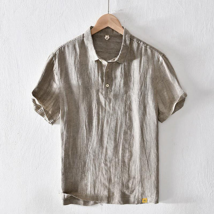 Koszula męska z krótkim rękawem i prostym wzorem „Buddha Stones” z klapami i lnianym półguzikiem - Ciemny Khaki - US/UK/AU42， EU52 (3XL) - image 0