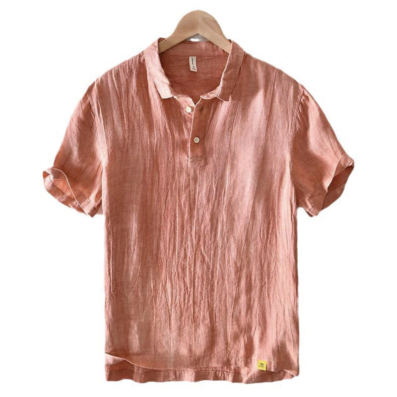 Koszula męska z krótkim rękawem i prostym wzorem „Buddha Stones” z klapami i lnianym półguzikiem - image 12