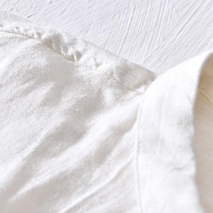 Koszula męska z krótkim rękawem i prostym wzorem „Buddha Stones” z klapami i lnianym półguzikiem - image 7