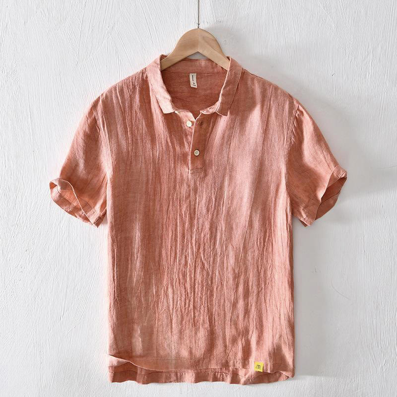 Koszula męska z krótkim rękawem i prostym wzorem „Buddha Stones” z klapami i lnianym półguzikiem - Koral - US/UK/AU42， EU52 (3XL) - image 11