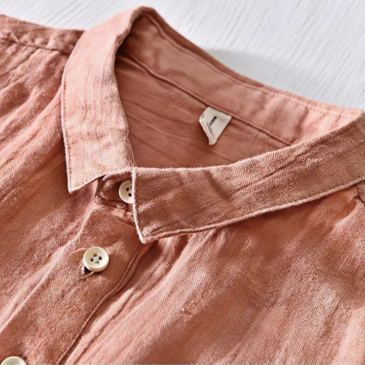 Koszula męska z krótkim rękawem i prostym wzorem „Buddha Stones” z klapami i lnianym półguzikiem - image 13