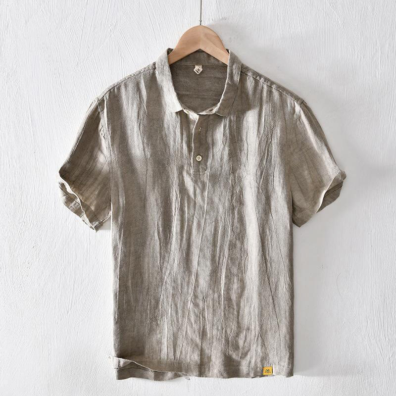 Koszula męska z krótkim rękawem i prostym wzorem „Buddha Stones” z klapami i lnianym półguzikiem - Ciemny Khaki - US/UK/AU42， EU52 (3XL) - image 0