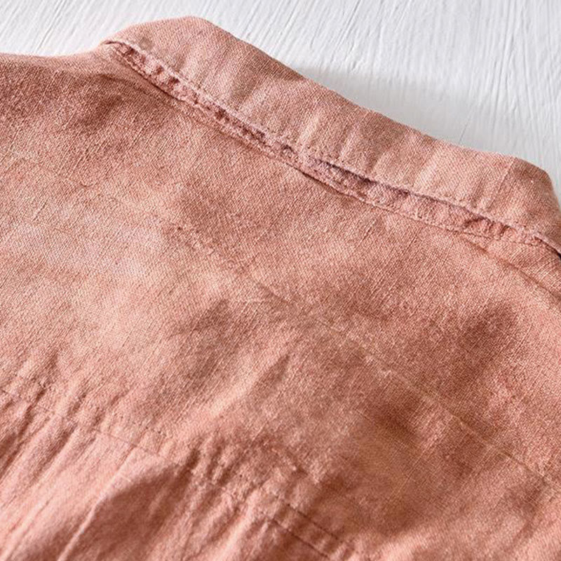 Koszula męska z krótkim rękawem i prostym wzorem „Buddha Stones” z klapami i lnianym półguzikiem - image 14