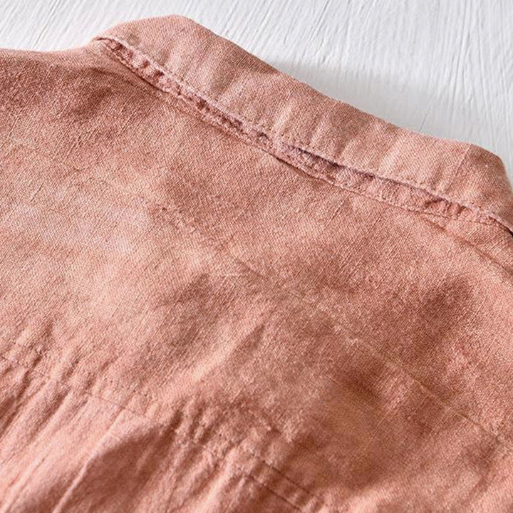 Koszula męska z krótkim rękawem i prostym wzorem „Buddha Stones” z klapami i lnianym półguzikiem - image 14