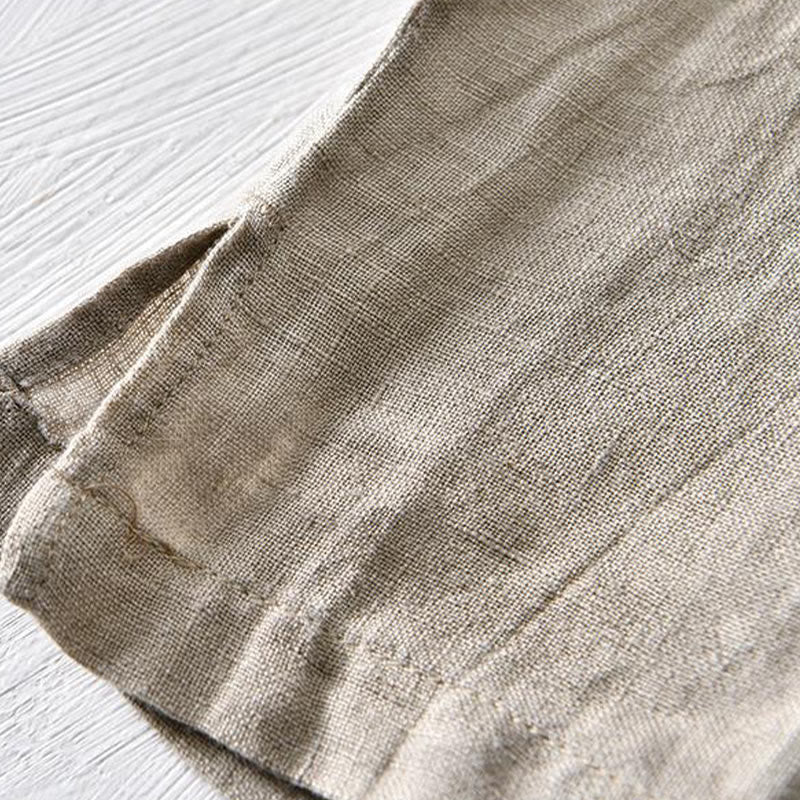 Koszula męska z krótkim rękawem i prostym wzorem „Buddha Stones” z klapami i lnianym półguzikiem - image 3