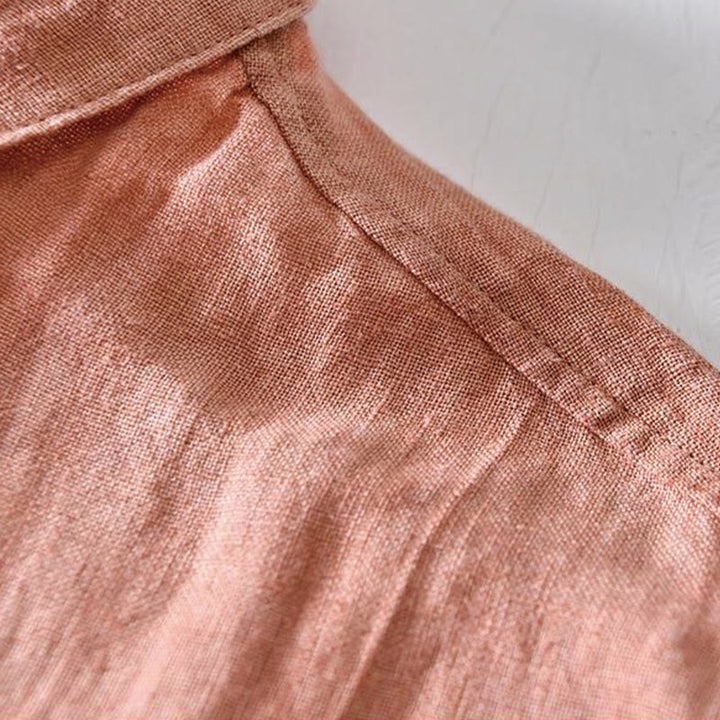 Koszula męska z krótkim rękawem i prostym wzorem „Buddha Stones” z klapami i lnianym półguzikiem - image 15