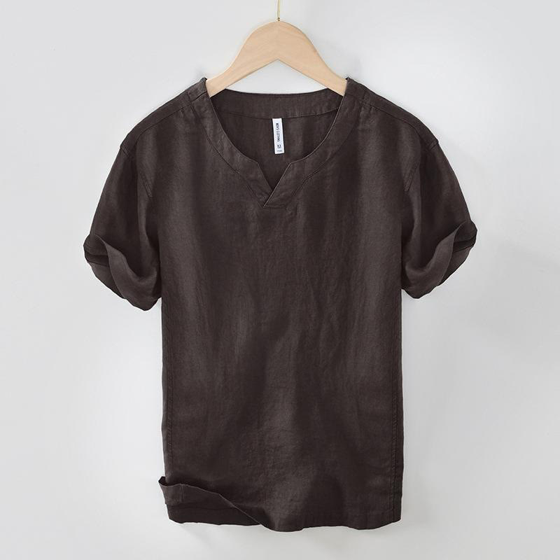 Koszula męska z krótkim rękawem i dekoltem w serek Buddha Stones Casual Plain V-neck z lnu - SaddleBrown - US/UK/AU42， EU52 (3XL) - image 5
