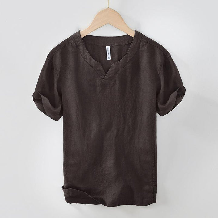 Koszula męska z krótkim rękawem i dekoltem w serek Buddha Stones Casual Plain V-neck z lnu - SaddleBrown - US/UK/AU42， EU52 (3XL) - image 5