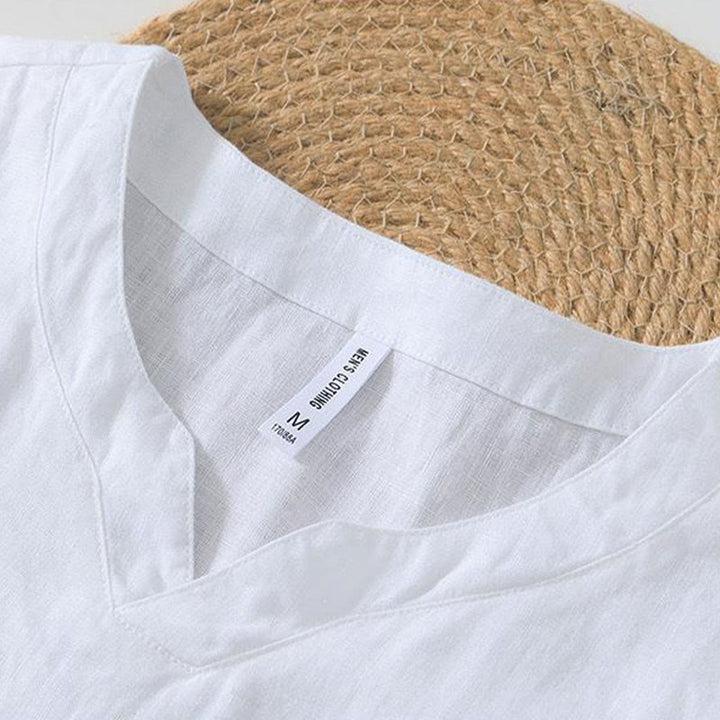 Koszula męska z krótkim rękawem i dekoltem w serek Buddha Stones Casual Plain V-neck z lnu
