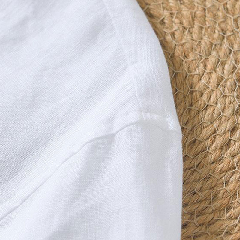 Koszula męska z krótkim rękawem i dekoltem w serek Buddha Stones Casual Plain V-neck z lnu