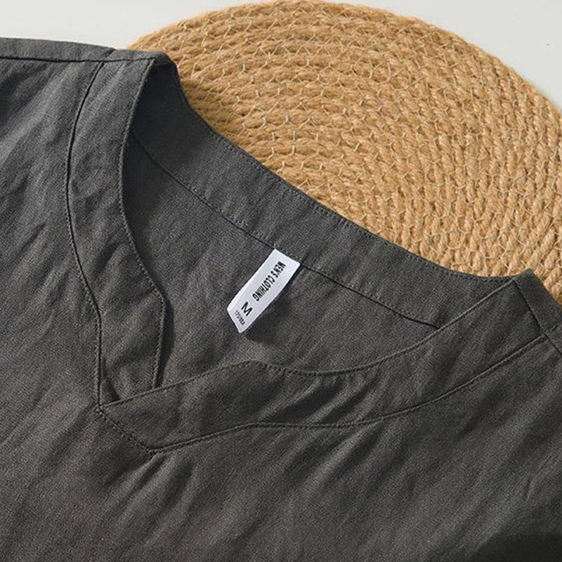 Koszula męska z krótkim rękawem i dekoltem w serek Buddha Stones Casual Plain V-neck z lnu