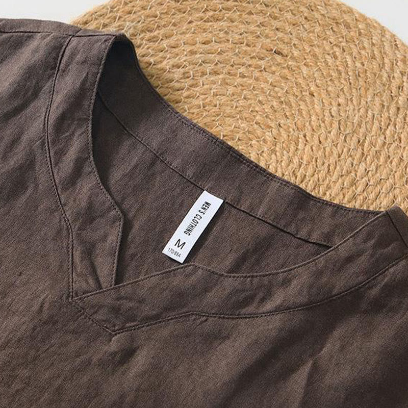 Koszula męska z krótkim rękawem i dekoltem w serek Buddha Stones Casual Plain V-neck z lnu