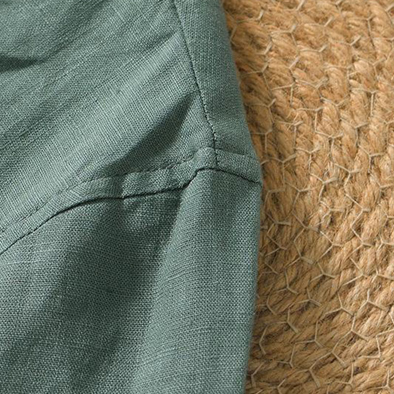 Koszula męska z krótkim rękawem i dekoltem w serek Buddha Stones Casual Plain V-neck z lnu
