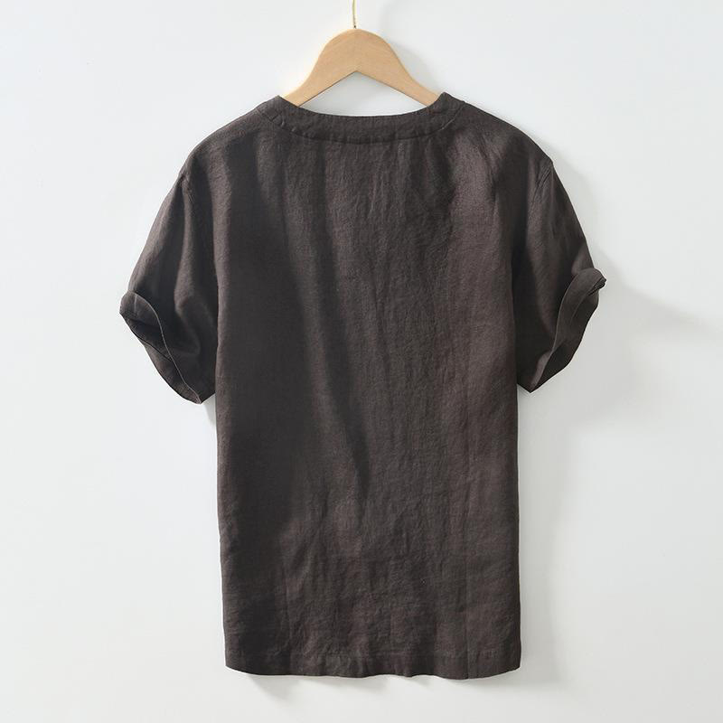 Koszula męska z krótkim rękawem i dekoltem w serek Buddha Stones Casual Plain V-neck z lnu