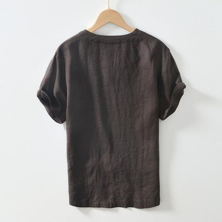 Koszula męska z krótkim rękawem i dekoltem w serek Buddha Stones Casual Plain V-neck z lnu