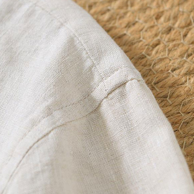 Koszula męska z krótkim rękawem i dekoltem w serek Buddha Stones Casual Plain V-neck z lnu