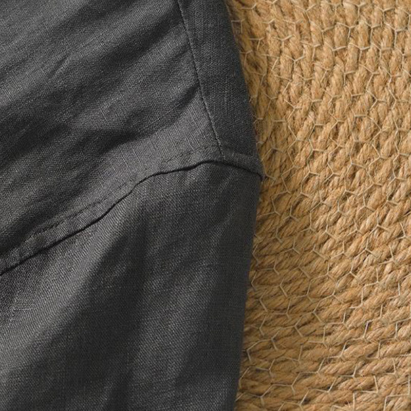 Koszula męska z krótkim rękawem i dekoltem w serek Buddha Stones Casual Plain V-neck z lnu