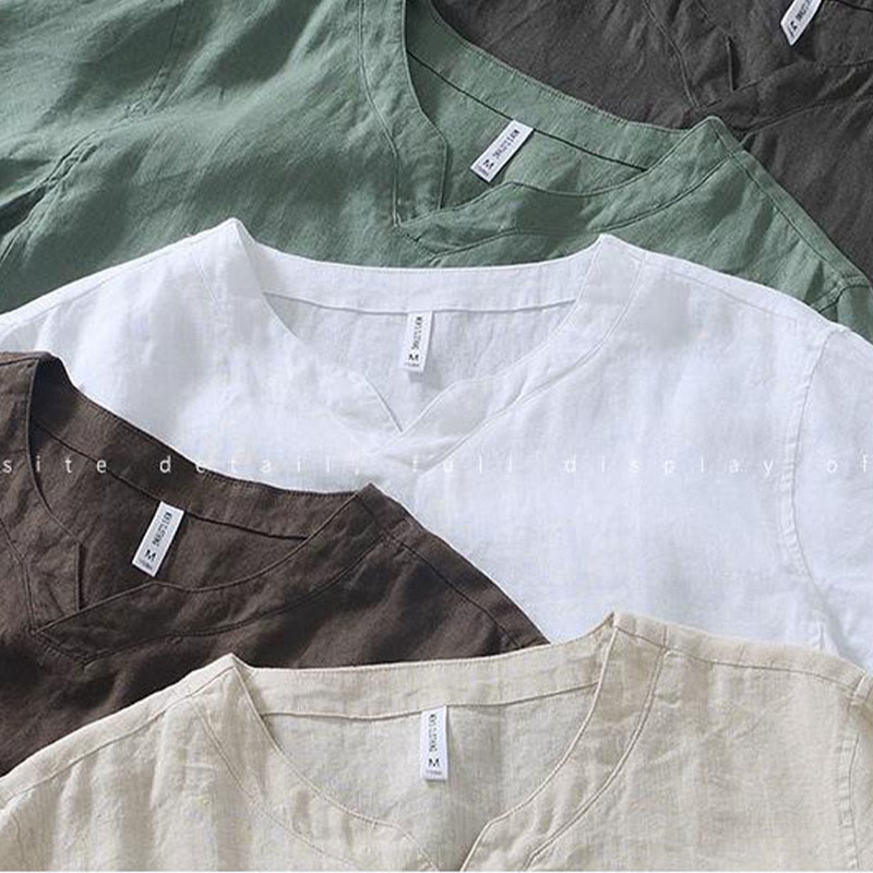 Koszula męska z krótkim rękawem i dekoltem w serek Buddha Stones Casual Plain V-neck z lnu