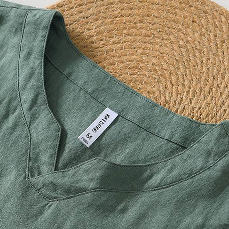 Koszula męska z krótkim rękawem i dekoltem w serek Buddha Stones Casual Plain V-neck z lnu