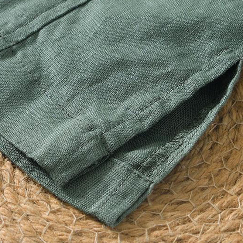 Koszula męska z krótkim rękawem i dekoltem w serek Buddha Stones Casual Plain V-neck z lnu