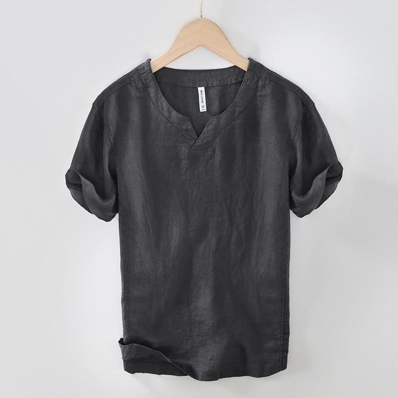 Koszula męska z krótkim rękawem i dekoltem w serek Buddha Stones Casual Plain V-neck z lnu