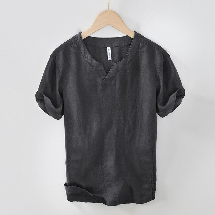 Koszula męska z krótkim rękawem i dekoltem w serek Buddha Stones Casual Plain V-neck z lnu