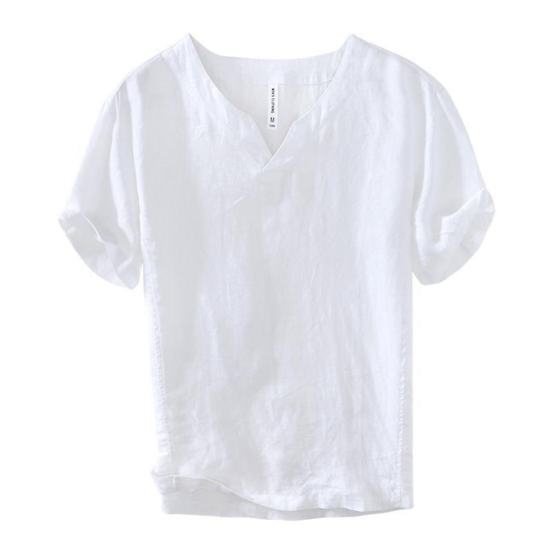 Koszula męska z krótkim rękawem i dekoltem w serek Buddha Stones Casual Plain V-neck z lnu