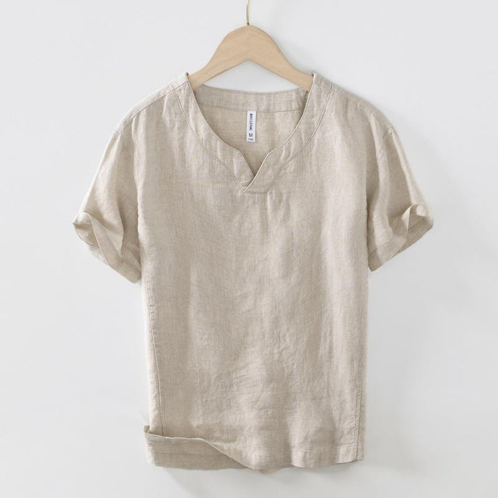 Koszula męska z krótkim rękawem i dekoltem w serek Buddha Stones Casual Plain V-neck z lnu