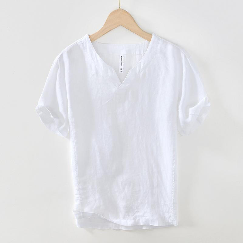 Koszula męska z krótkim rękawem i dekoltem w serek Buddha Stones Casual Plain V-neck z lnu