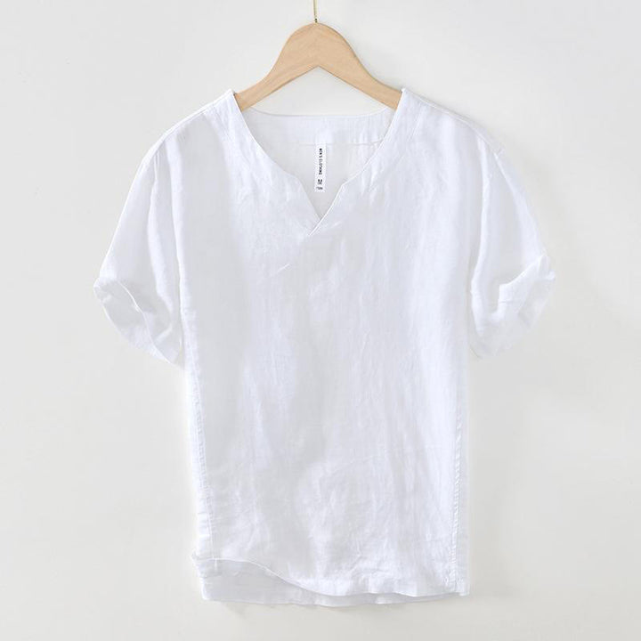 Koszula męska z krótkim rękawem i dekoltem w serek Buddha Stones Casual Plain V-neck z lnu