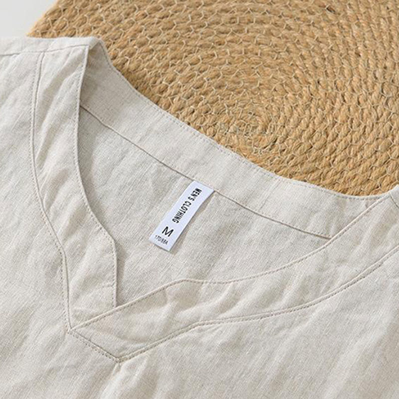 Koszula męska z krótkim rękawem i dekoltem w serek Buddha Stones Casual Plain V-neck z lnu