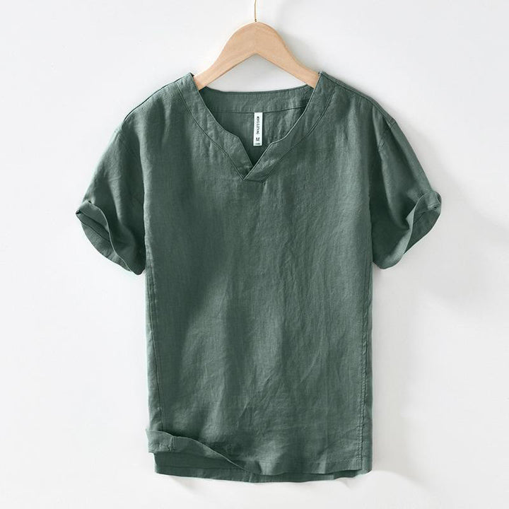 Koszula męska z krótkim rękawem i dekoltem w serek Buddha Stones Casual Plain V-neck z lnu