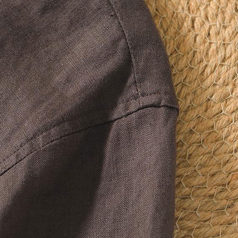 Koszula męska z krótkim rękawem i dekoltem w serek Buddha Stones Casual Plain V-neck z lnu