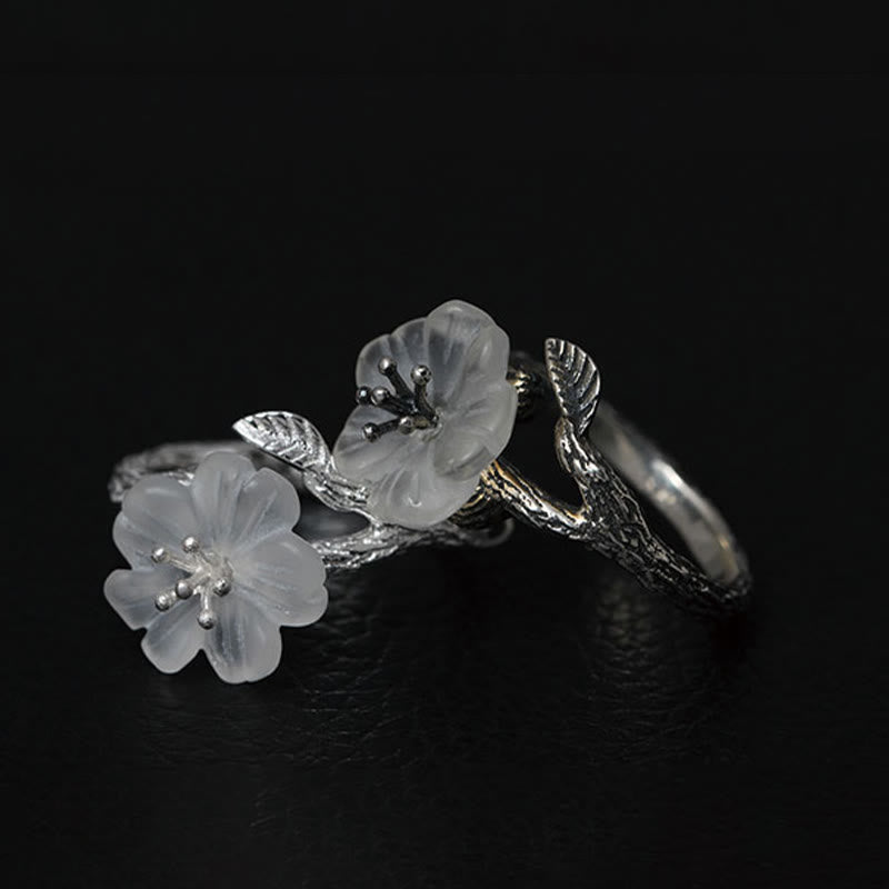 Buddha Stones 925 Srebro Sterling Biały Kryształ Szkielet Kwiat Regulowany Pierścień Uzdrawiający