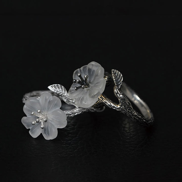 Buddha Stones 925 Srebro Sterling Biały Kryształ Szkielet Kwiat Regulowany Pierścień Uzdrawiający