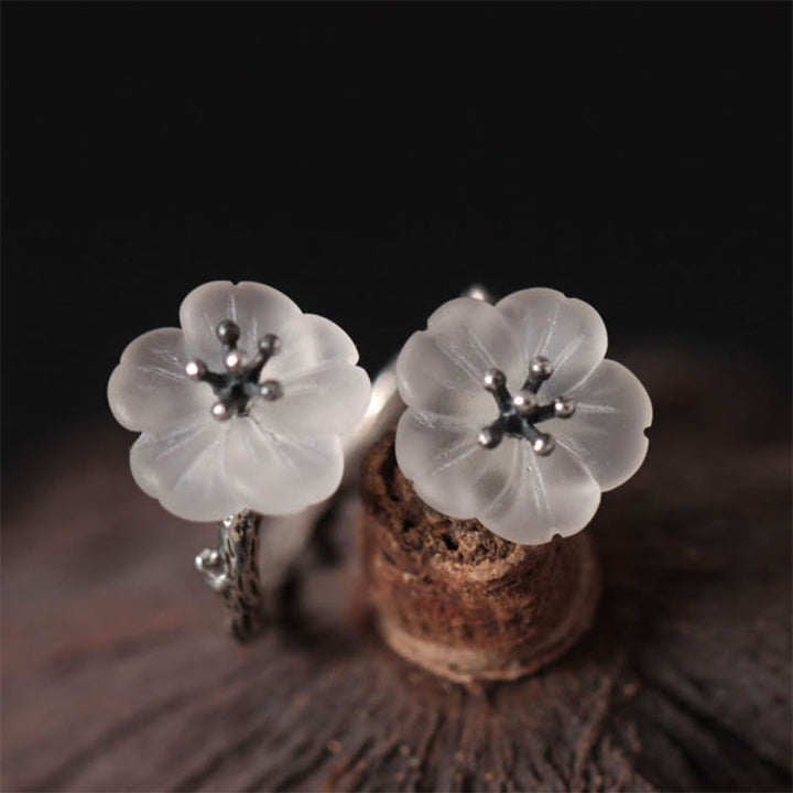 Buddha Stones 925 Srebro Sterling Biały Kryształ Podwójny Kwiat Śliwki Regulowany Pierścień Ochronny - image 8