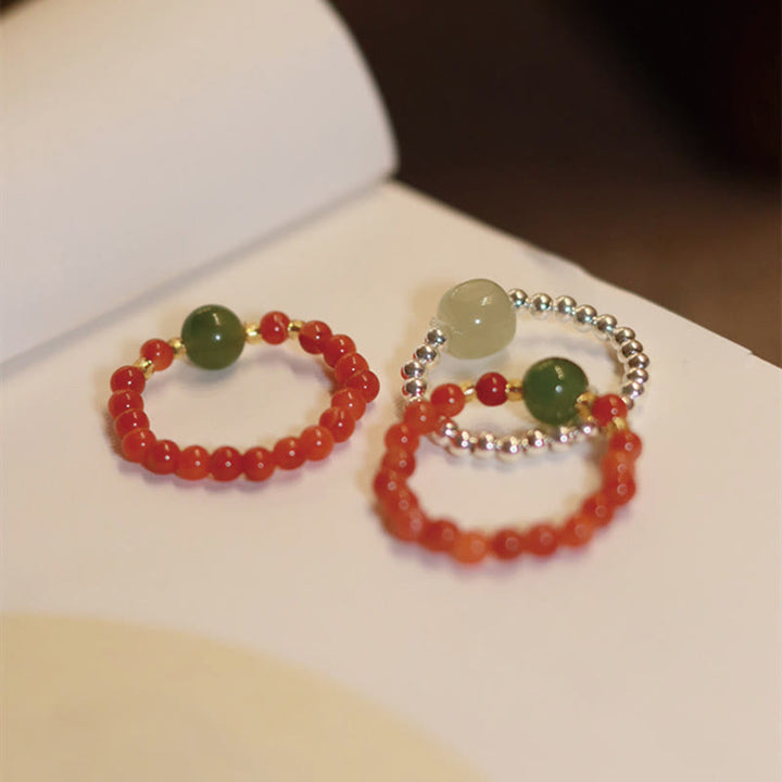 Buddha Stones 925 Srebro Naturalne Małe Hetian Jade Czerwony Agat Perła Koralik Elastyczny Pierścień Dobrobytu