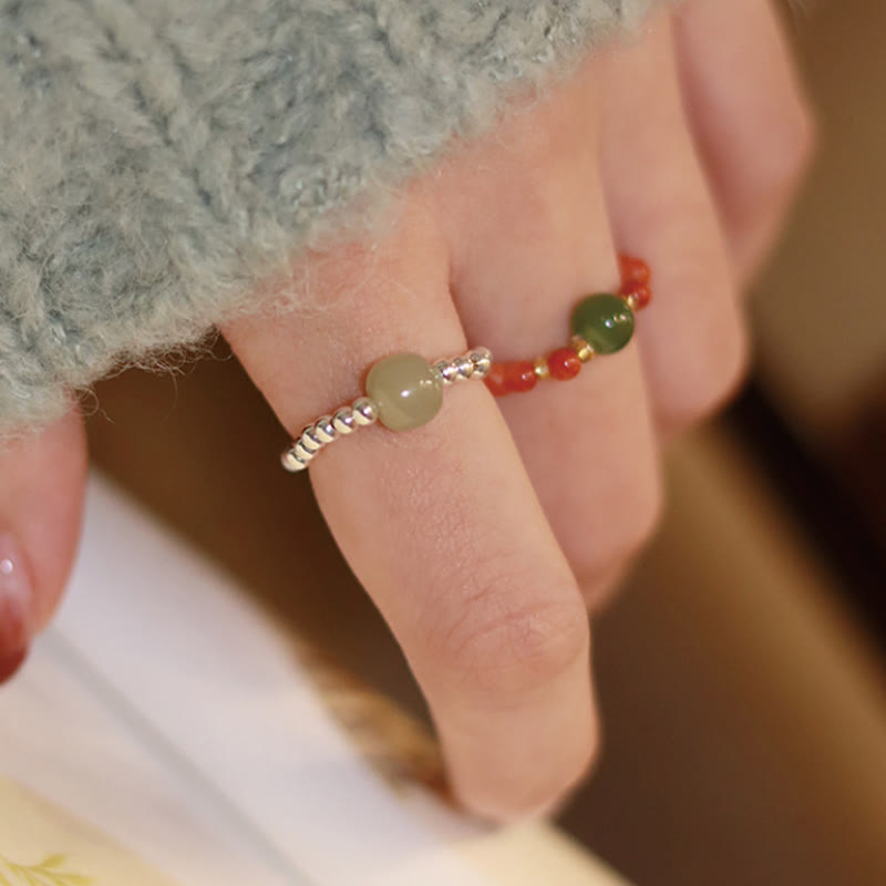 Buddha Stones 925 Srebro Naturalne Małe Hetian Jade Czerwony Agat Perła Koralik Elastyczny Pierścień Dobrobytu