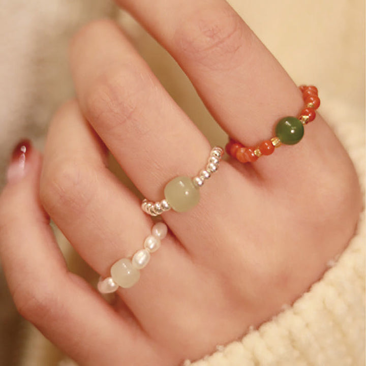Buddha Stones 925 Srebro Naturalne Małe Hetian Jade Czerwony Agat Perła Koralik Elastyczny Pierścień Dobrobytu