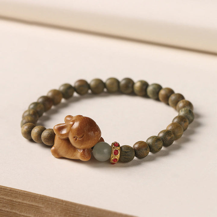 Buddha Stones Zielone Drzewo Sandałowe Złote Drzewo Sandałowe Słodki Królik Pozytywna Bransoletka