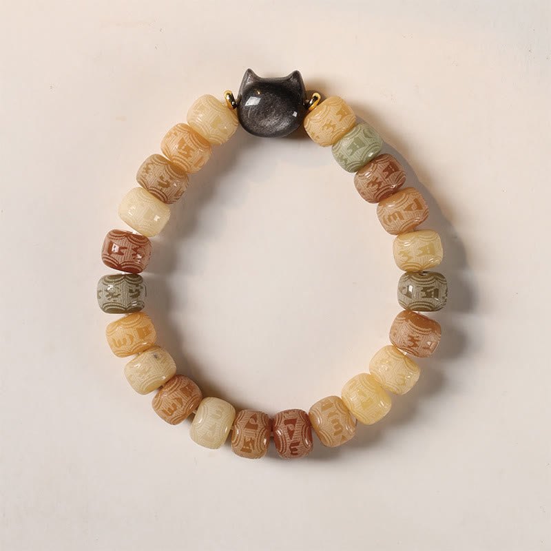 Kamienie Buddha Stones Nasiona Bodhi Om Mani Padme Hum Rzeźbione Srebrne Błyszczące Obsydianowe Głowy Kota Bransoletka Mądrości - image 2