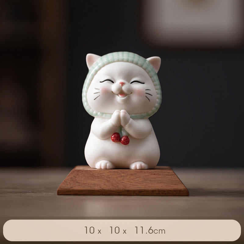 Buddha Stones Szczęśliwy Uroczy Kot W Szaliku Ceramiczna Figurka Dekoracja - Kot + drewniana podstawa 10*10*11,6 cm - image 12