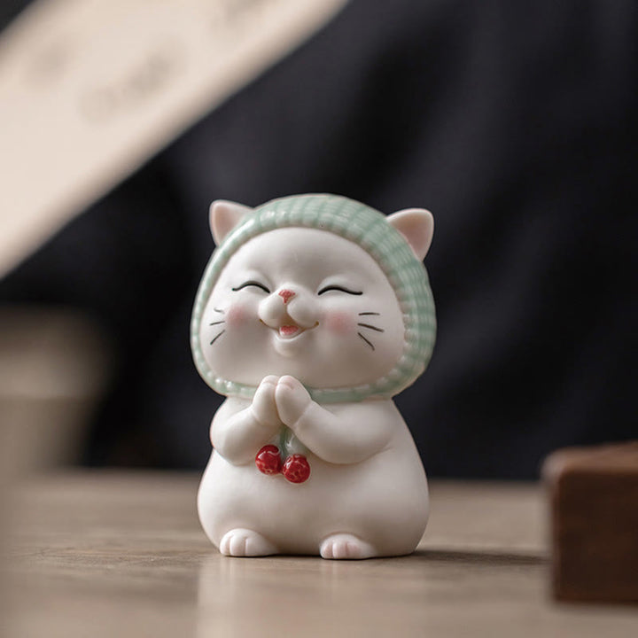 Buddha Stones Szczęśliwy Uroczy Kot W Szaliku Ceramiczna Figurka Dekoracja - image 3