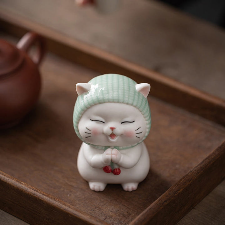 Buddha Stones Szczęśliwy Uroczy Kot W Szaliku Ceramiczna Figurka Dekoracja - image 1