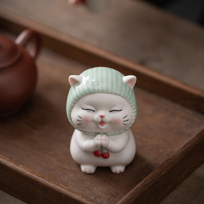 Buddha Stones Szczęśliwy Uroczy Kot W Szaliku Ceramiczna Figurka Dekoracja - image 2