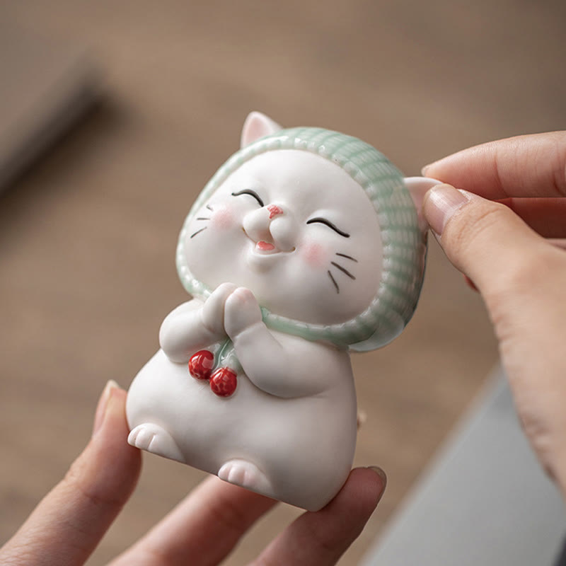 Buddha Stones Szczęśliwy Uroczy Kot W Szaliku Ceramiczna Figurka Dekoracja - image 4
