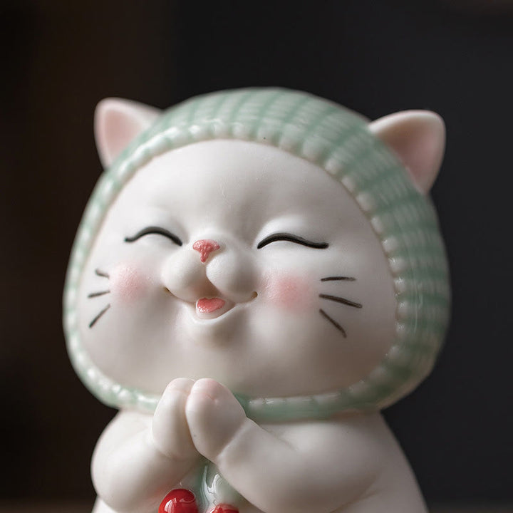 Buddha Stones Szczęśliwy Uroczy Kot W Szaliku Ceramiczna Figurka Dekoracja - image 12