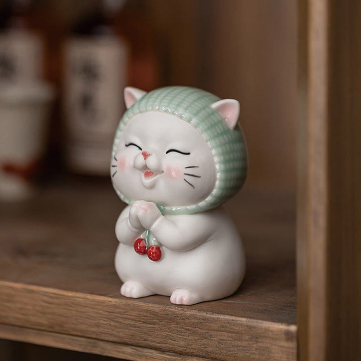 Buddha Stones Szczęśliwy Uroczy Kot W Szaliku Ceramiczna Figurka Dekoracja - image 3